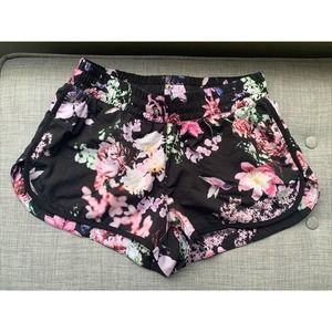 COAR Women's Sz S Running Shorts Mesh Lined Silky Pink Black Floral Humming Bird